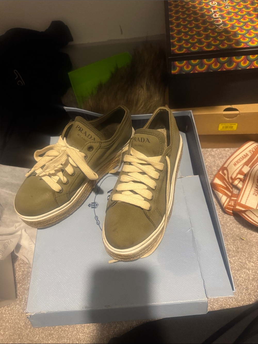 Prada Olive Green Low-Top Sneakers with Cream Laces